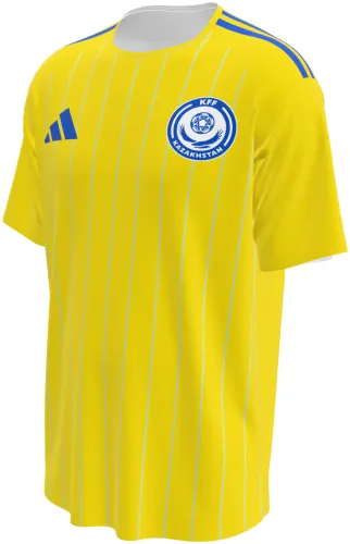 Camisa titular do Cazaquistão 2026 amarela com listras finas, frente e costas