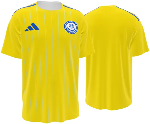 Camisa titular do Cazaquistão 2026 amarela com listras finas, frente e costas