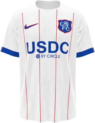 Camisa terceiro uniforme do Chelsea 2026 - 2027 branca com listras vermelhas finas, frente e costas