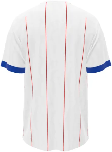 Camisa terceiro uniforme do Chelsea 2026 - 2027 branca com listras vermelhas finas, frente e costas