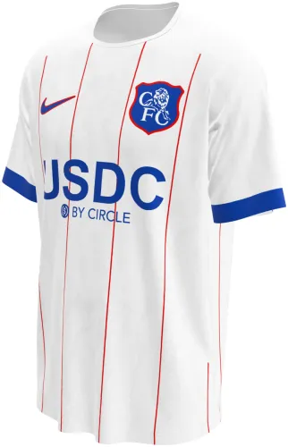 Camisa terceiro uniforme do Chelsea 2026 - 2027 branca com listras vermelhas finas, frente e costas