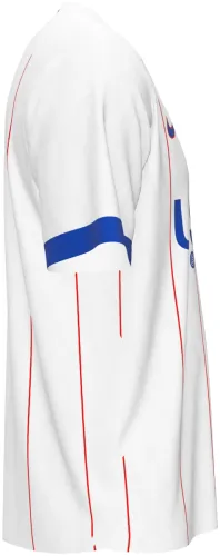 Camisa terceiro uniforme do Chelsea 2026 - 2027 branca com listras vermelhas finas, frente e costas
