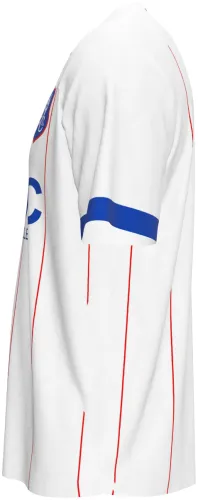 Camisa terceiro uniforme do Chelsea 2026 - 2027 branca com listras vermelhas finas, frente e costas