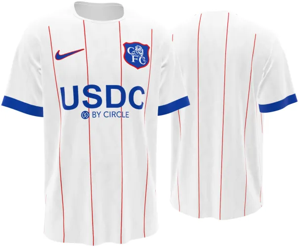 Camisa terceiro uniforme do Chelsea 2026 - 2027 branca com listras vermelhas finas, frente e costas