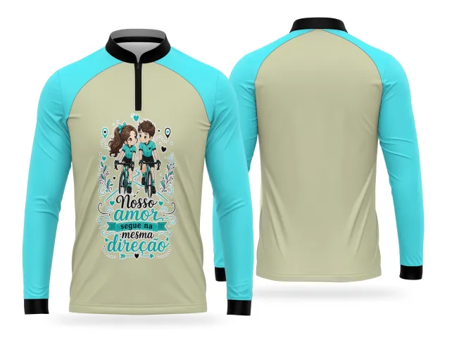 Estampa romântica para camisa de ciclismo com casal de bicicleta e elementos decorativos