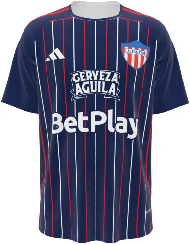 Camisa visitante do Club Junior FC 2026 azul-marinho com listras finas vermelhas, frente e costas