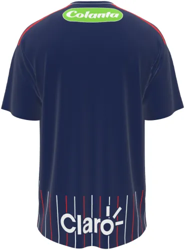 Camisa visitante do Club Junior FC 2026 azul-marinho com listras finas vermelhas, frente e costas