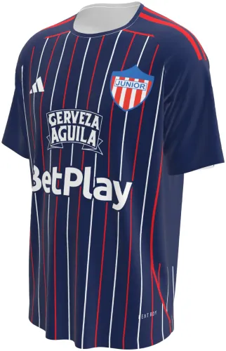Camisa visitante do Club Junior FC 2026 azul-marinho com listras finas vermelhas, frente e costas