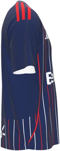 Camisa visitante do Club Junior FC 2026 azul-marinho com listras finas vermelhas, frente e costas