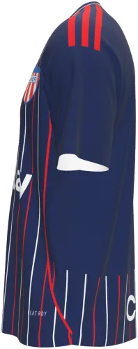 Camisa visitante do Club Junior FC 2026 azul-marinho com listras finas vermelhas, frente e costas