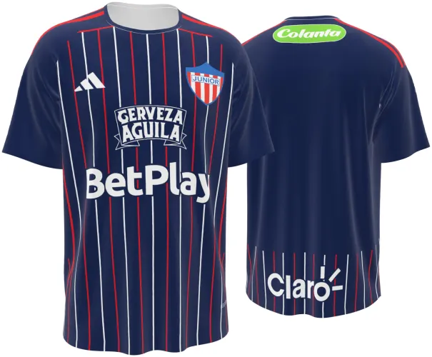 Camisa visitante do Club Junior FC 2026 azul-marinho com listras finas vermelhas, frente e costas