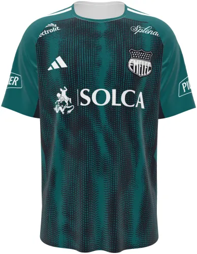 Camisa terceiro uniforme do Emelec 2026 verde-petróleo com trama em meio-tom, frente e costas