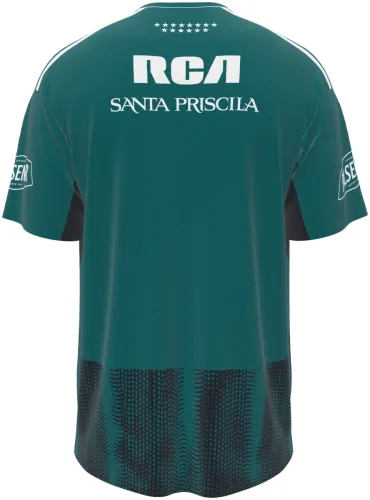 Camisa terceiro uniforme do Emelec 2026 verde-petróleo com trama em meio-tom, frente e costas