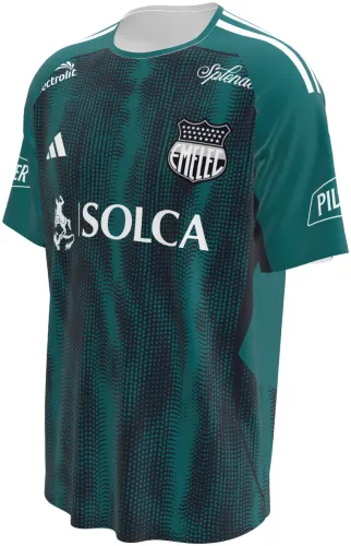 Camisa terceiro uniforme do Emelec 2026 verde-petróleo com trama em meio-tom, frente e costas