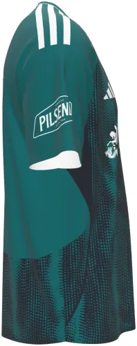 Camisa terceiro uniforme do Emelec 2026 verde-petróleo com trama em meio-tom, frente e costas