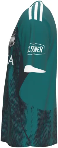 Camisa terceiro uniforme do Emelec 2026 verde-petróleo com trama em meio-tom, frente e costas