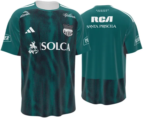 Camisa terceiro uniforme do Emelec 2026 verde-petróleo com trama em meio-tom, frente e costas