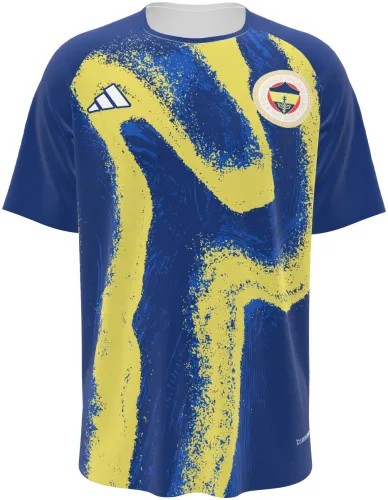 Camisa de pré-jogo do Fenerbahçe 2026 - 2027 azul com uma pincelada amarela, frente e costas