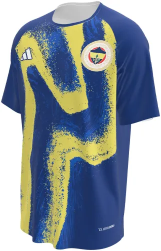 Camisa de pré-jogo do Fenerbahçe 2026 - 2027 azul com uma pincelada amarela, frente e costas