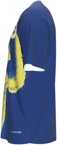 Camisa de pré-jogo do Fenerbahçe 2026 - 2027 azul com uma pincelada amarela, frente e costas