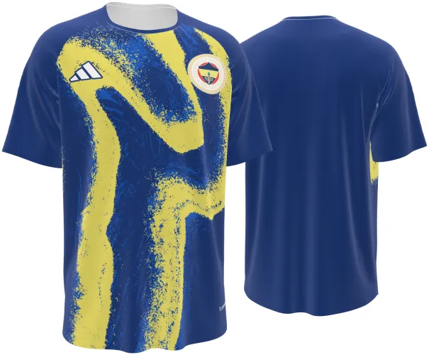 Camisa de pré-jogo do Fenerbahçe 2026 - 2027 azul com uma pincelada amarela, frente e costas
