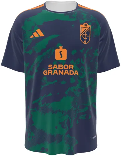 Camisa visitante do Granada CF 2026 - 2027 azul-marinho com manchas verdes, frente e costas