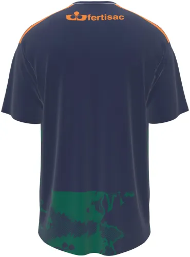 Camisa visitante do Granada CF 2026 - 2027 azul-marinho com manchas verdes, frente e costas
