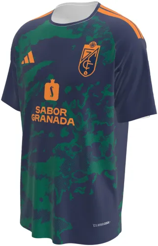 Camisa visitante do Granada CF 2026 - 2027 azul-marinho com manchas verdes, frente e costas