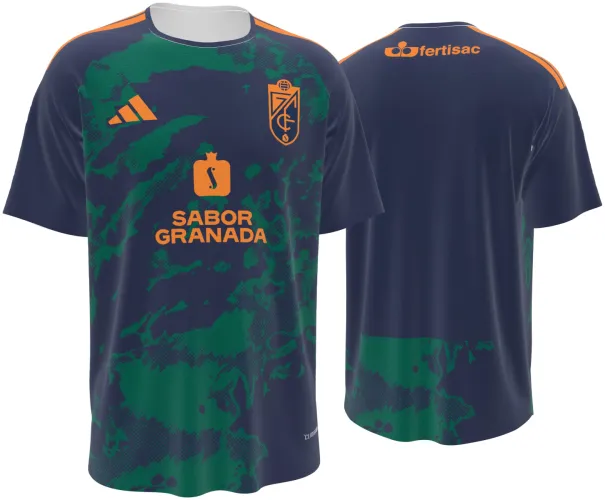 Camisa visitante do Granada CF 2026 - 2027 azul-marinho com manchas verdes, frente e costas