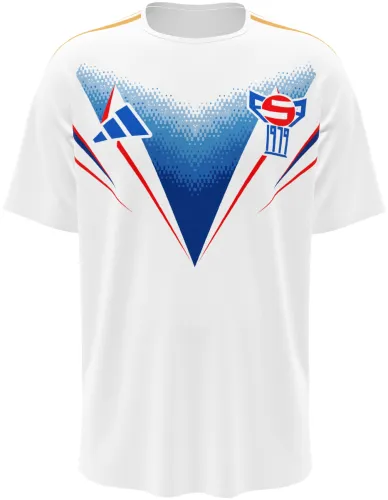 Camisa titular das Ilhas Faroe 2026 branca com um V azul em hexágonos, frente e costas
