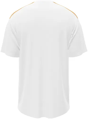 Camisa titular das Ilhas Faroe 2026 branca com um V azul em hexágonos, frente e costas