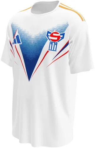 Camisa titular das Ilhas Faroe 2026 branca com um V azul em hexágonos, frente e costas