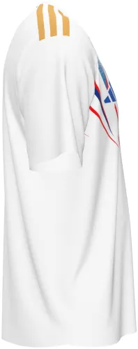Camisa titular das Ilhas Faroe 2026 branca com um V azul em hexágonos, frente e costas