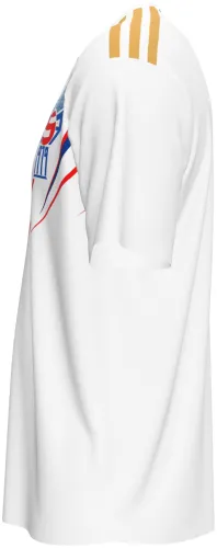 Camisa titular das Ilhas Faroe 2026 branca com um V azul em hexágonos, frente e costas