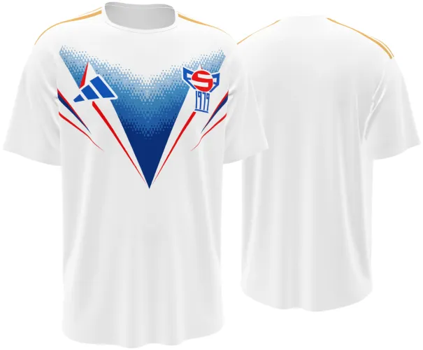 Camisa titular das Ilhas Faroe 2026 branca com um V azul em hexágonos, frente e costas