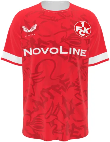 Camisa titular do Kaiserslautern 2026 - 2027 vermelha com grafismo do diabo tom sobre tom, frente e costas