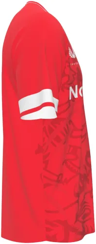 Camisa titular do Kaiserslautern 2026 - 2027 vermelha com grafismo do diabo tom sobre tom, frente e costas