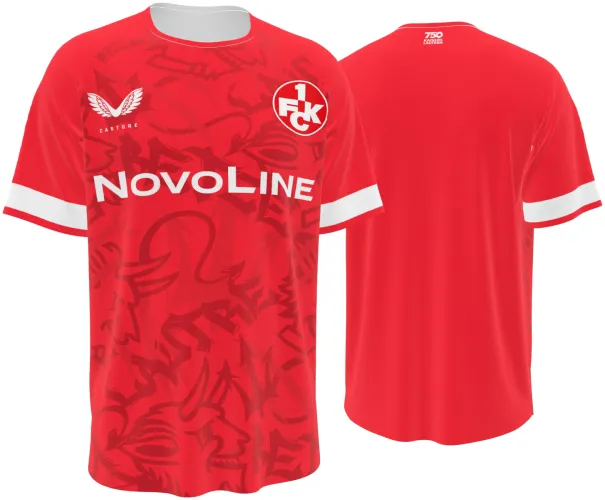 Camisa titular do Kaiserslautern 2026 - 2027 vermelha com grafismo do diabo tom sobre tom, frente e costas