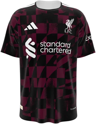 Camisa terceiro uniforme do Liverpool 2026 - 2027 bordô e preta com xadrez quebrado, frente e costas