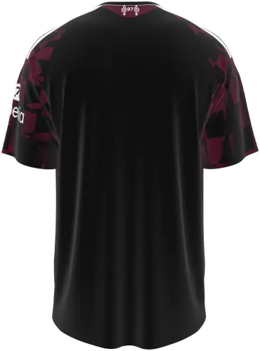 Camisa terceiro uniforme do Liverpool 2026 - 2027 bordô e preta com xadrez quebrado, frente e costas