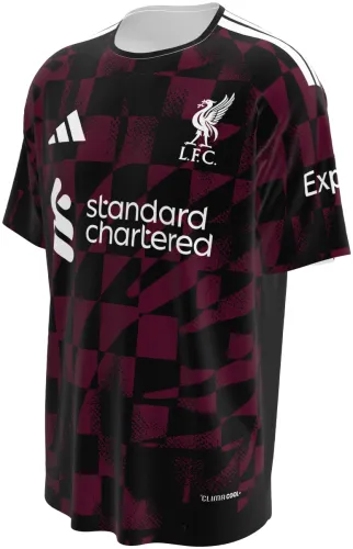 Camisa terceiro uniforme do Liverpool 2026 - 2027 bordô e preta com xadrez quebrado, frente e costas