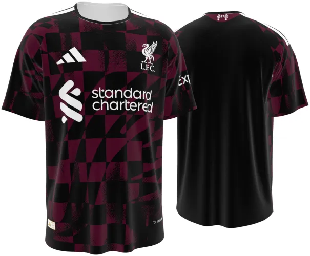 Camisa terceiro uniforme do Liverpool 2026 - 2027 bordô e preta com xadrez quebrado, frente e costas