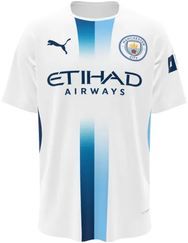 Camisa terceiro uniforme do Manchester City 2026 - 2027 branca com faixa vertical azul, frente e costas