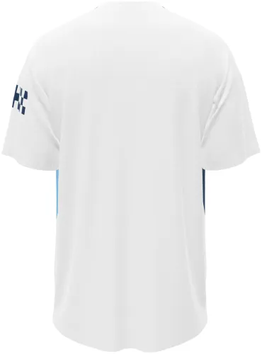 Camisa terceiro uniforme do Manchester City 2026 - 2027 branca com faixa vertical azul, frente e costas