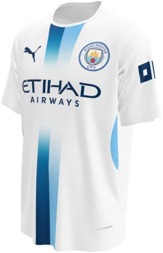 Camisa terceiro uniforme do Manchester City 2026 - 2027 branca com faixa vertical azul, frente e costas