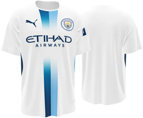 Camisa terceiro uniforme do Manchester City 2026 - 2027 branca com faixa vertical azul, frente e costas