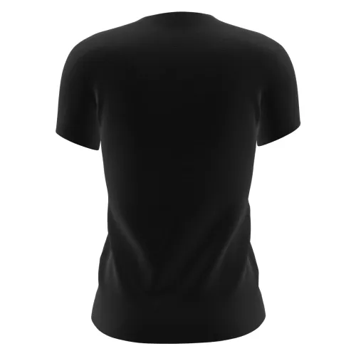 Camisa preta estampada na frente com uma rena natalina fofa, com laço vermelho e expressão alegre, ideal para celebrar o Natal com estilo divertido.