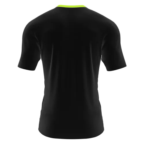 Camisa preta com gola verde neon, trazendo na frente um rosto verde travesso com gorro de Natal vermelho e branco, cobrindo toda a peça, perfeita para o clima natalino divertido.