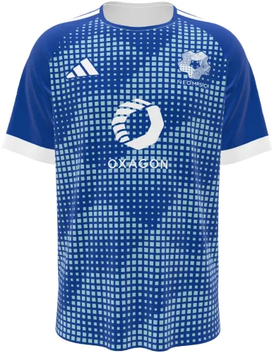 Camisa titular do Neom SC 2026 - 2027 azul com quadriculado que se dissolve, frente e costas