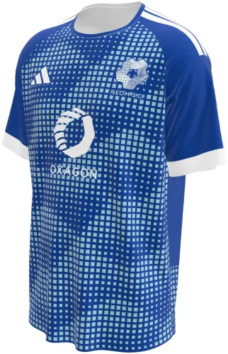Camisa titular do Neom SC 2026 - 2027 azul com quadriculado que se dissolve, frente e costas